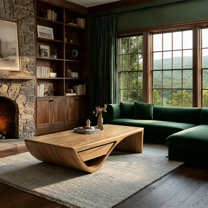 Sculptural Solid Wood Coffee Table With Hidden Storage Drawer And Curved Open Base For Modern Living Room - Livewoodcraft - 4