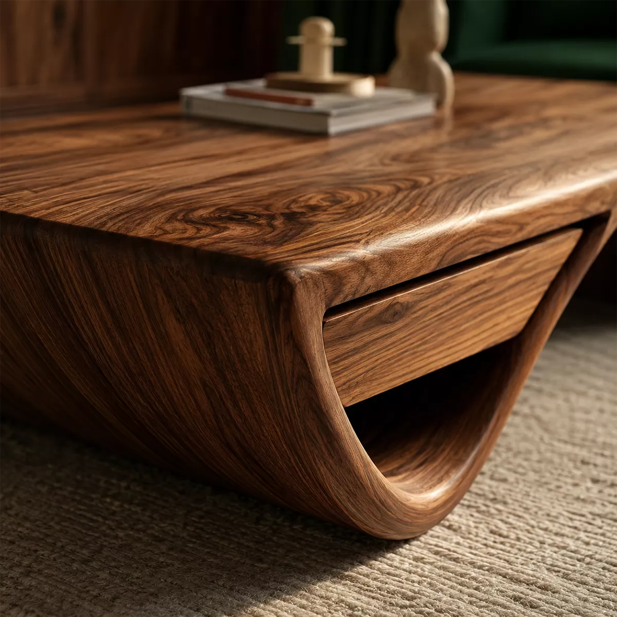 Sculptural Solid Wood Coffee Table With Hidden Storage Drawer And Curved Open Base For Modern Living Room - Livewoodcraft - 6