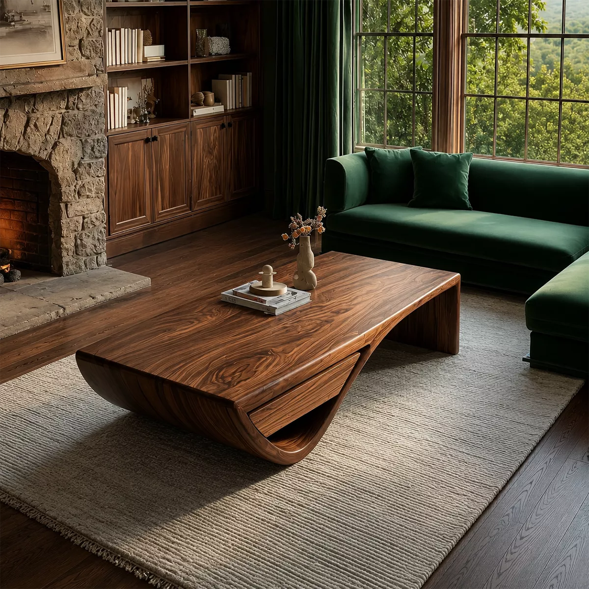 Sculptural Solid Wood Coffee Table With Hidden Storage Drawer And Curved Open Base For Modern Living Room - Livewoodcraft - 7