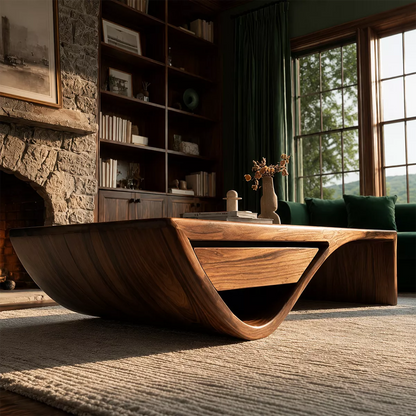 Sculptural Solid Wood Coffee Table With Hidden Storage Drawer And Curved Open Base For Modern Living Room - Livewoodcraft - 8