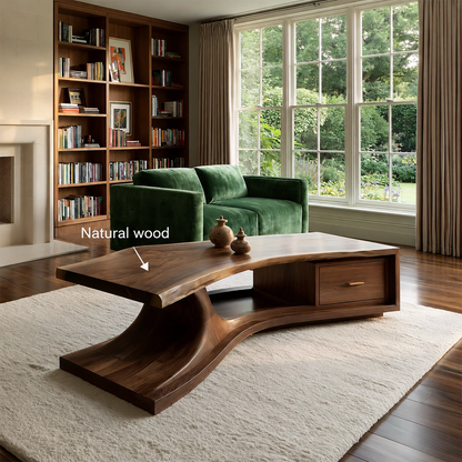 Sculptural Solid Wood Coffee Table With Live Edge Top And Storage Drawer Modern Organic Living Room Table - Livewoodcraft - 10