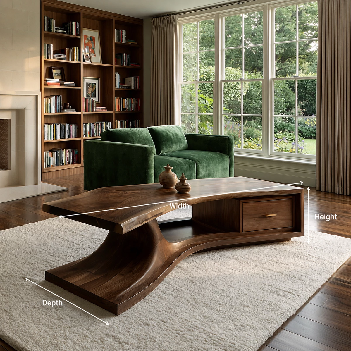 Sculptural Solid Wood Coffee Table With Live Edge Top And Storage Drawer Modern Organic Living Room Table - Livewoodcraft - 11