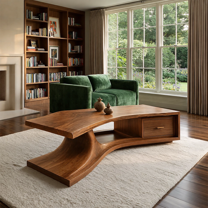 Sculptural Solid Wood Coffee Table With Live Edge Top And Storage Drawer Modern Organic Living Room Table - Livewoodcraft - 2