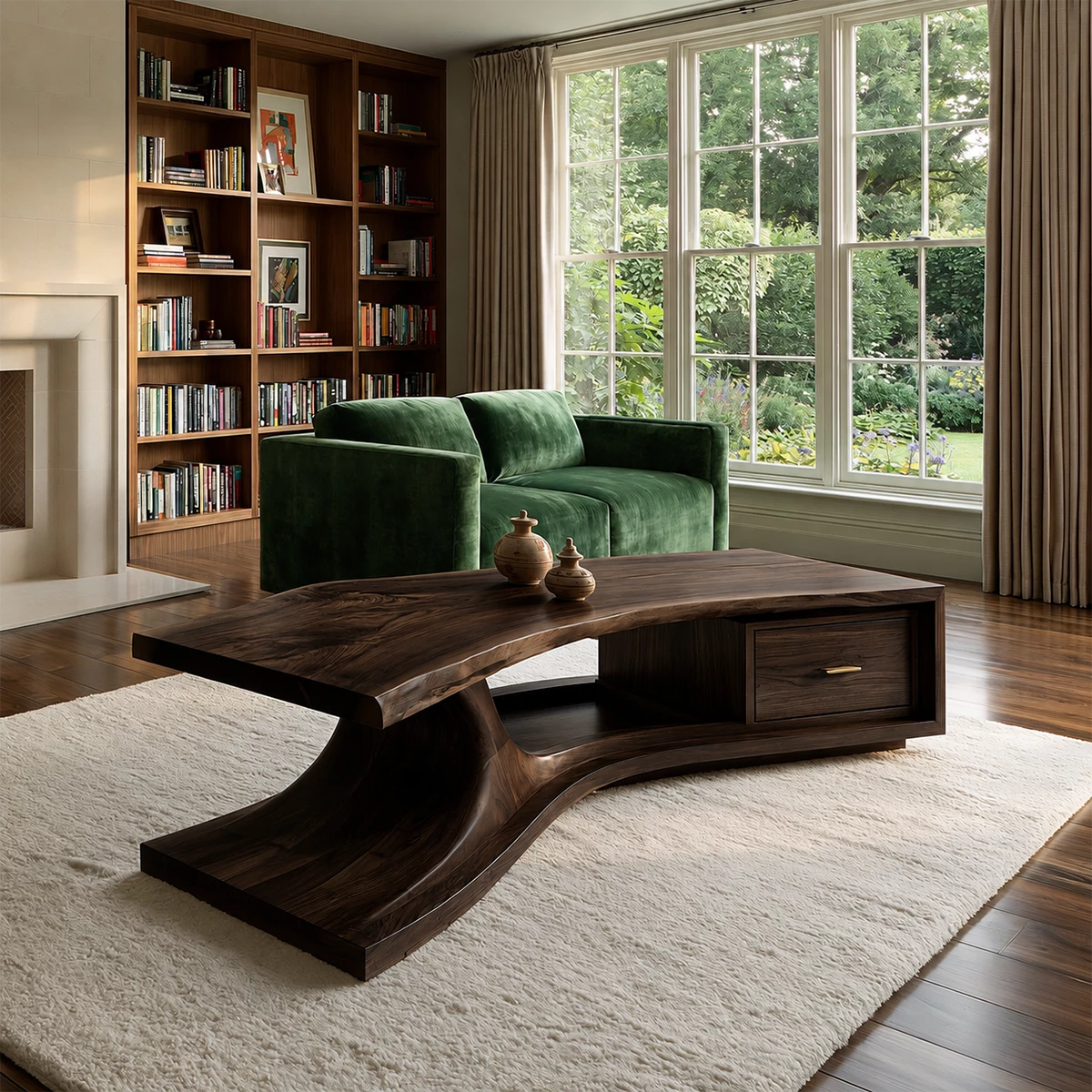 Sculptural Solid Wood Coffee Table With Live Edge Top And Storage Drawer Modern Organic Living Room Table - Livewoodcraft - 3