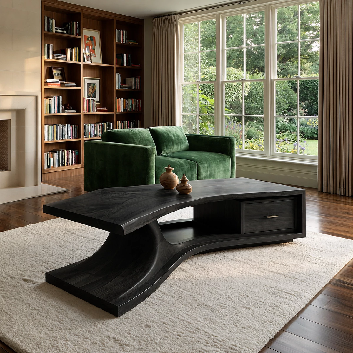 Sculptural Solid Wood Coffee Table With Live Edge Top And Storage Drawer Modern Organic Living Room Table - Livewoodcraft - 4