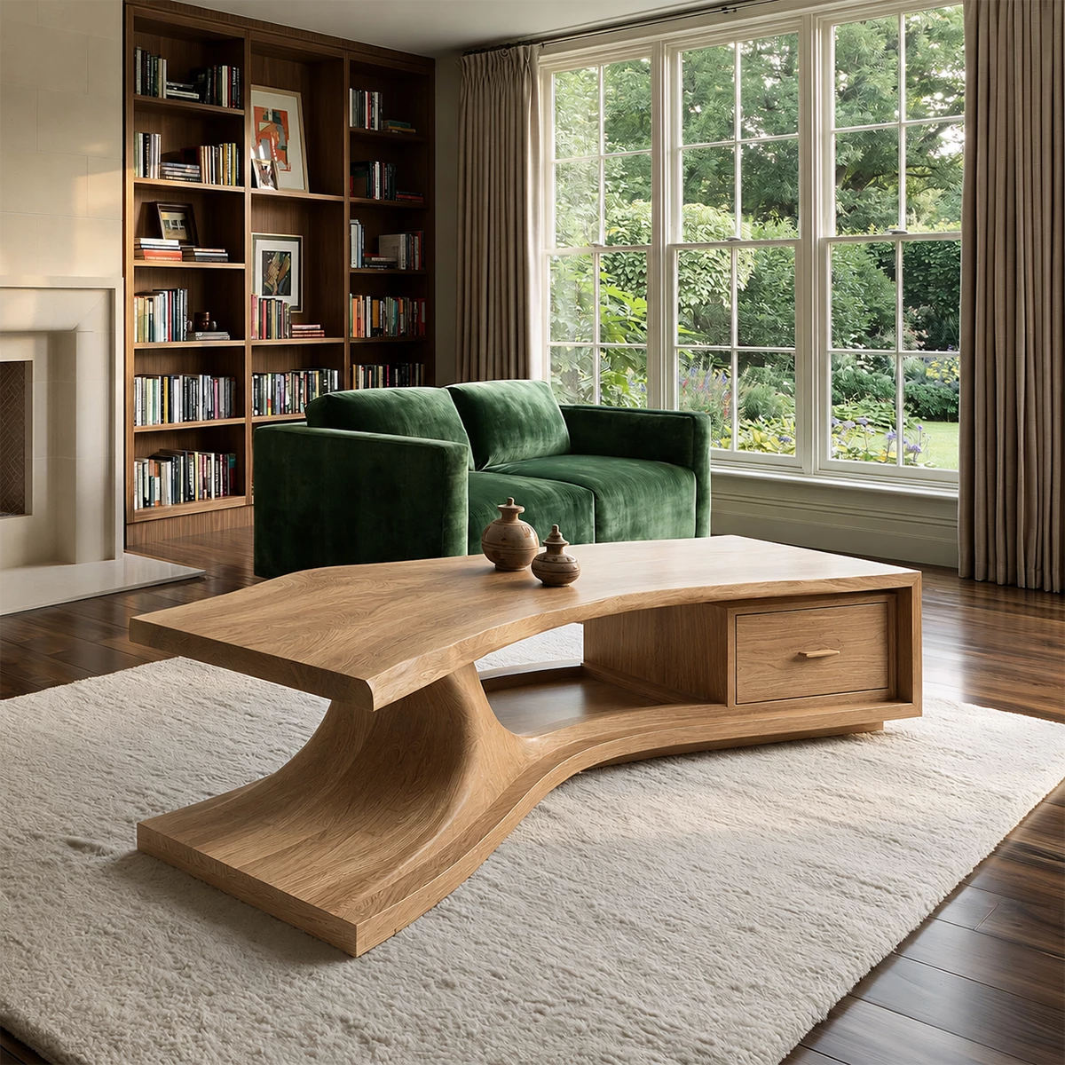 Sculptural Solid Wood Coffee Table With Live Edge Top And Storage Drawer Modern Organic Living Room Table - Livewoodcraft - 5