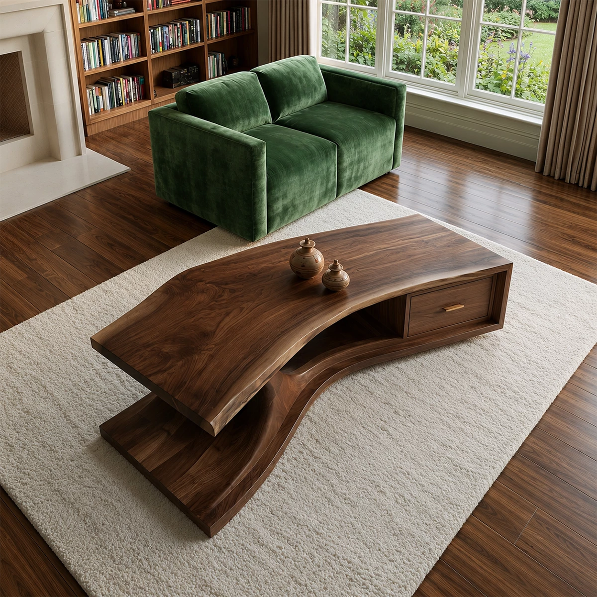 Sculptural Solid Wood Coffee Table With Live Edge Top And Storage Drawer Modern Organic Living Room Table - Livewoodcraft - 7