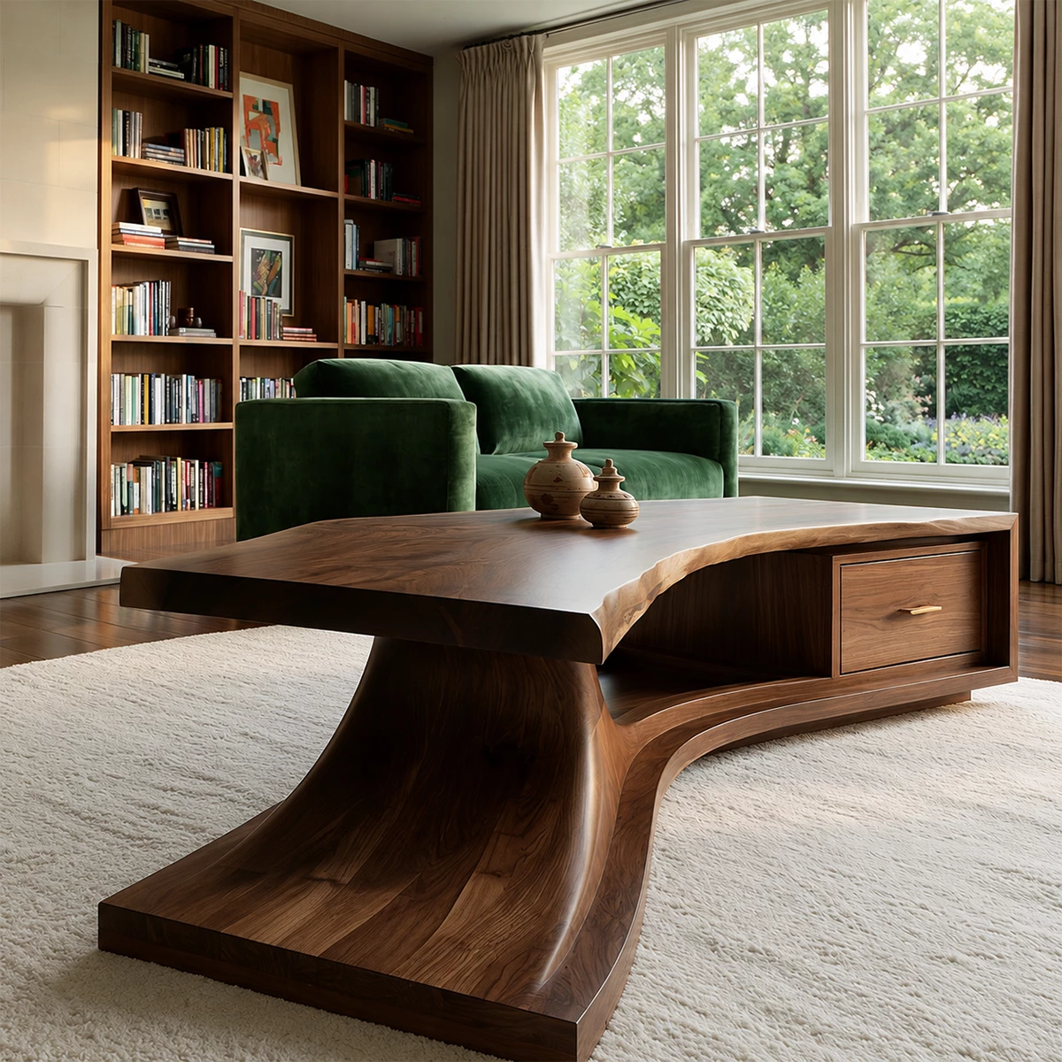Sculptural Solid Wood Coffee Table With Live Edge Top And Storage Drawer Modern Organic Living Room Table - Livewoodcraft - 8