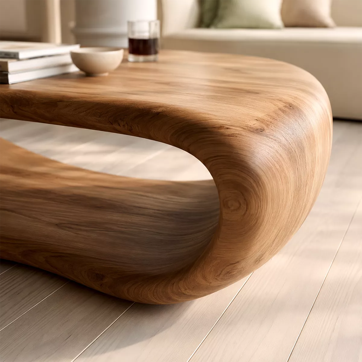 Sculptural Solid Wood Coffee Table With Open Waterfall Base And Natural Wood Grain For Modern Living Room - Livewoodcraft - 5