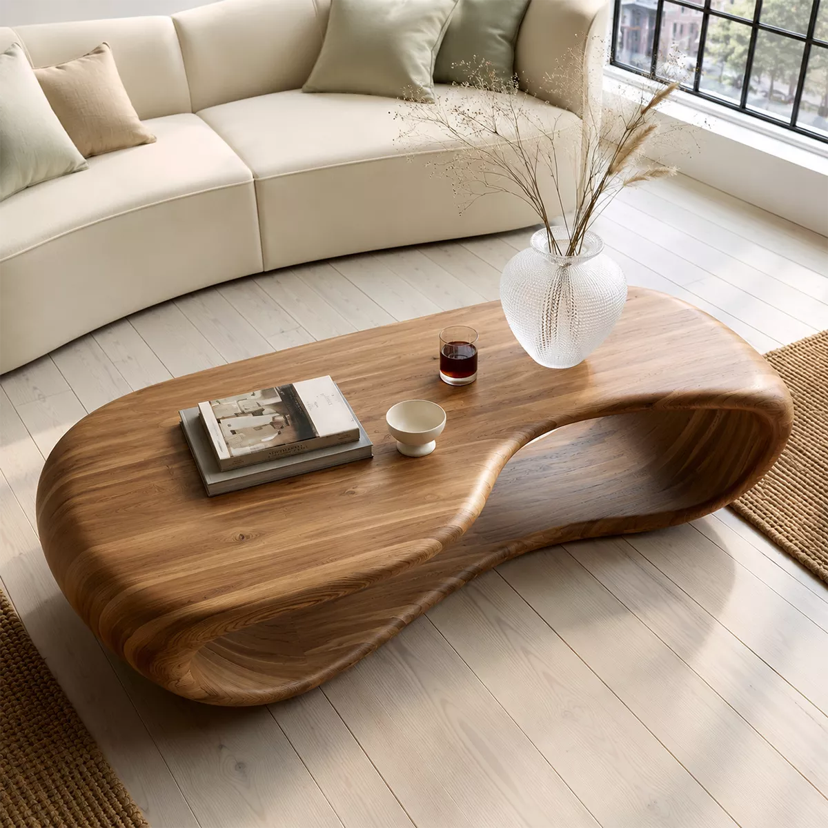 Sculptural Solid Wood Coffee Table With Open Waterfall Base And Natural Wood Grain For Modern Living Room - Livewoodcraft - 6