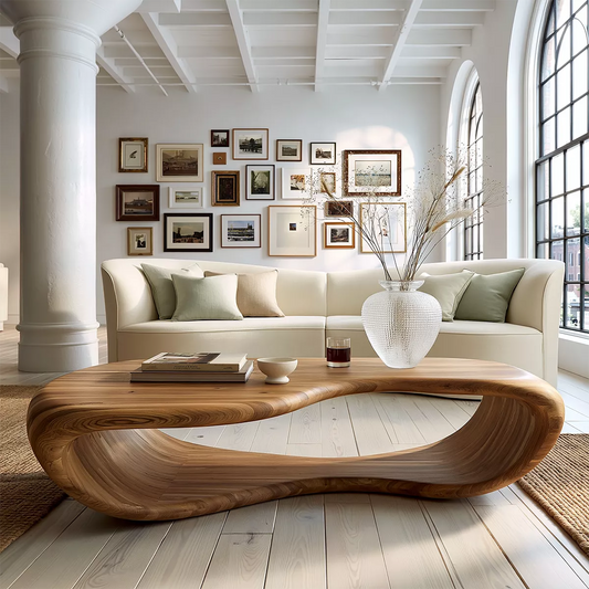 Sculptural Solid Wood Coffee Table With Open Waterfall Base And Natural Wood Grain For Modern Living Room - Livewoodcraft