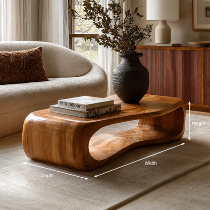 Sculptural Solid Wood Coffee Table With Rounded Waterfall Base And Open Center For Modern Living Room - Livewoodcraft - 10