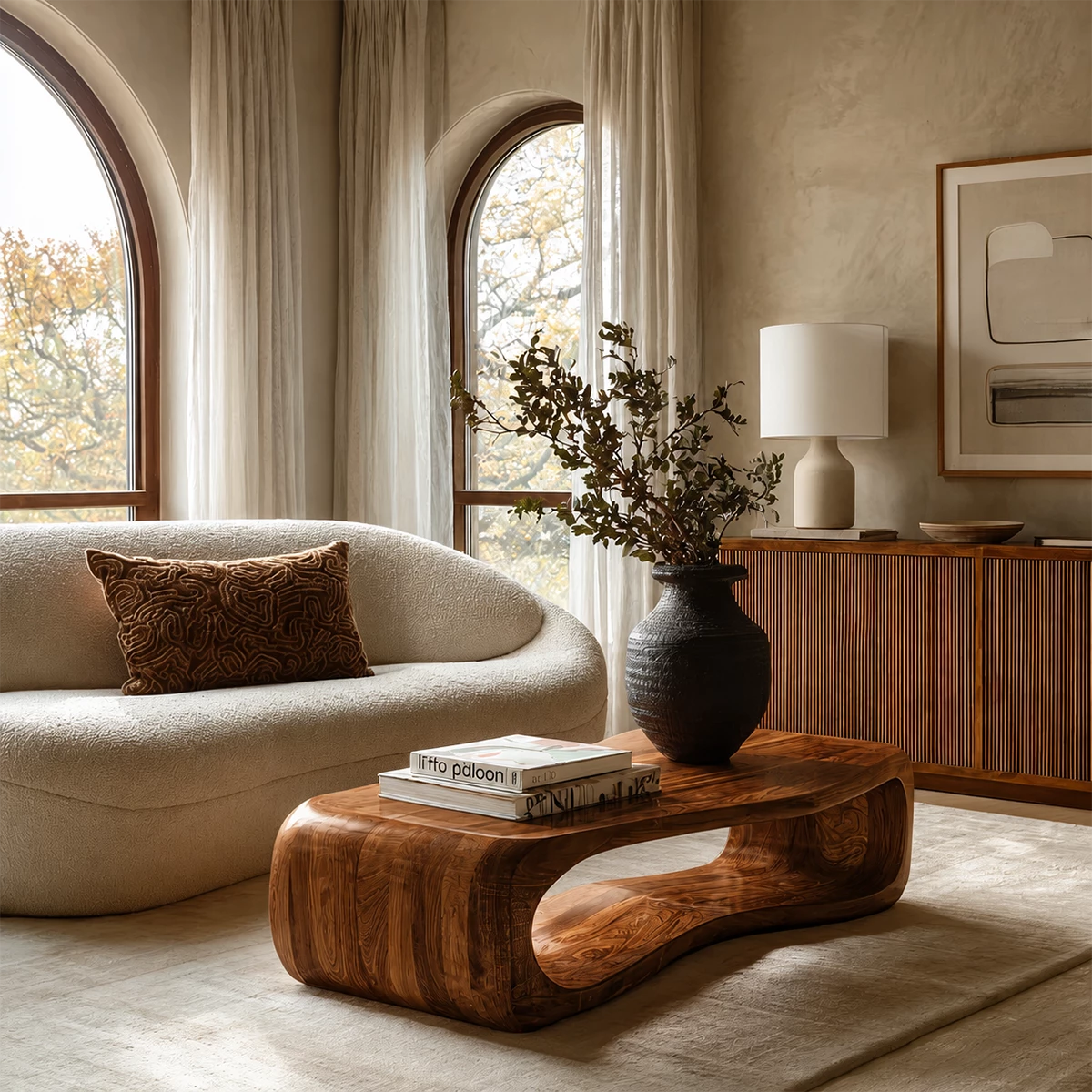 Sculptural Solid Wood Coffee Table With Rounded Waterfall Base And Open Center For Modern Living Room - Livewoodcraft - 2