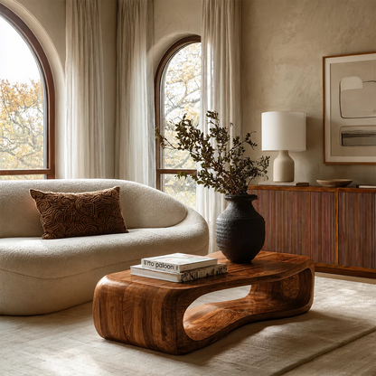 Sculptural Solid Wood Coffee Table With Rounded Waterfall Base And Open Center For Modern Living Room - Livewoodcraft - 2