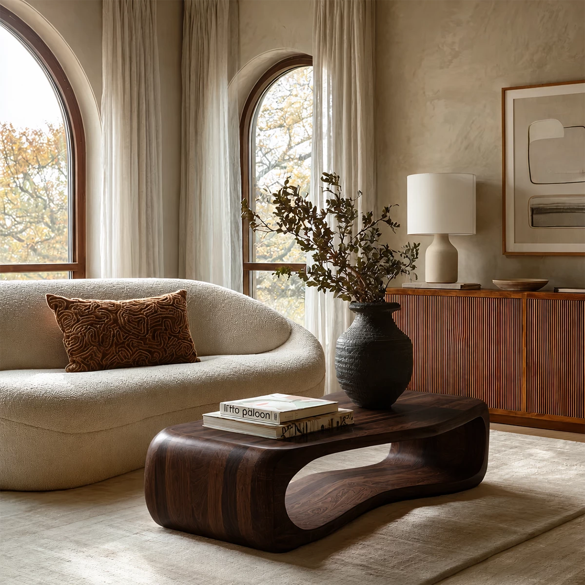 Sculptural Solid Wood Coffee Table With Rounded Waterfall Base And Open Center For Modern Living Room - Livewoodcraft - 3