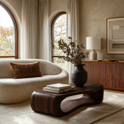 Sculptural Solid Wood Coffee Table With Rounded Waterfall Base And Open Center For Modern Living Room - Livewoodcraft - 3