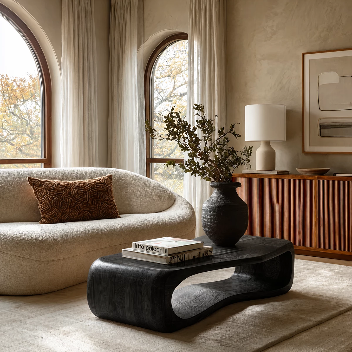 Sculptural Solid Wood Coffee Table With Rounded Waterfall Base And Open Center For Modern Living Room - Livewoodcraft - 4