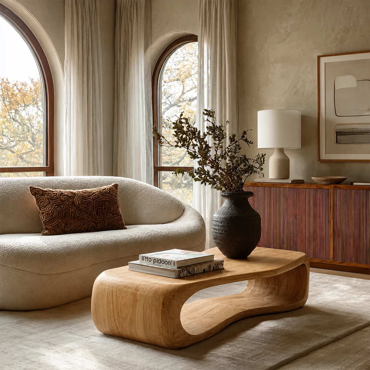 Sculptural Solid Wood Coffee Table With Rounded Waterfall Base And Open Center For Modern Living Room - Livewoodcraft - 5