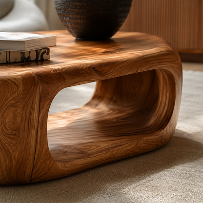 Sculptural Solid Wood Coffee Table With Rounded Waterfall Base And Open Center For Modern Living Room - Livewoodcraft - 6