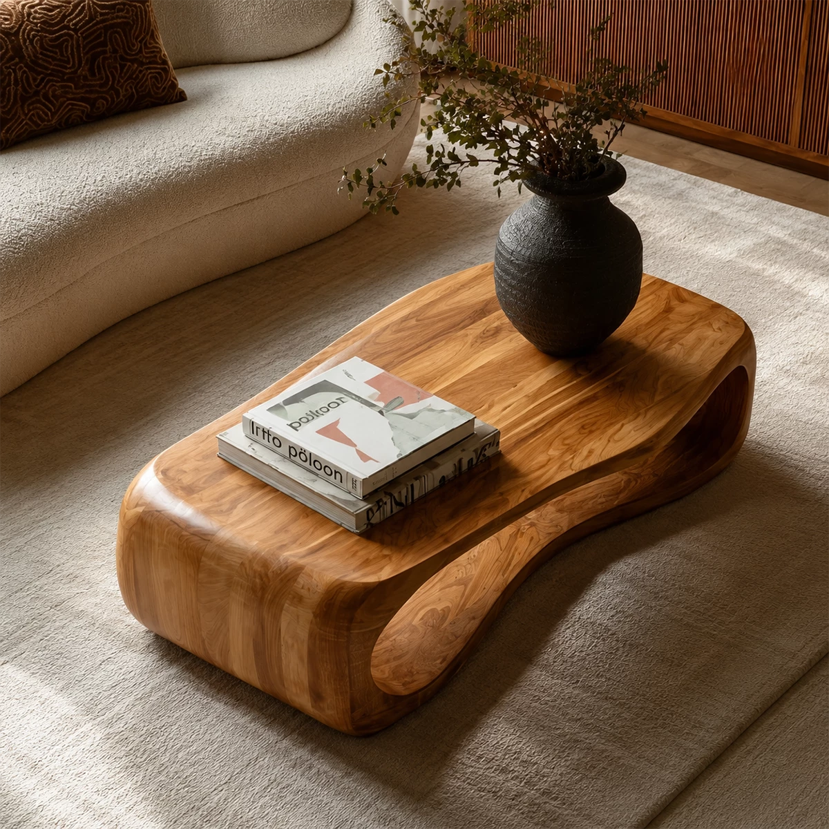 Sculptural Solid Wood Coffee Table With Rounded Waterfall Base And Open Center For Modern Living Room - Livewoodcraft - 7