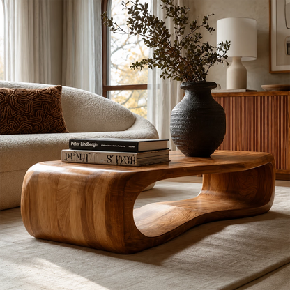 Sculptural Solid Wood Coffee Table With Rounded Waterfall Base And Open Center For Modern Living Room - Livewoodcraft - 8