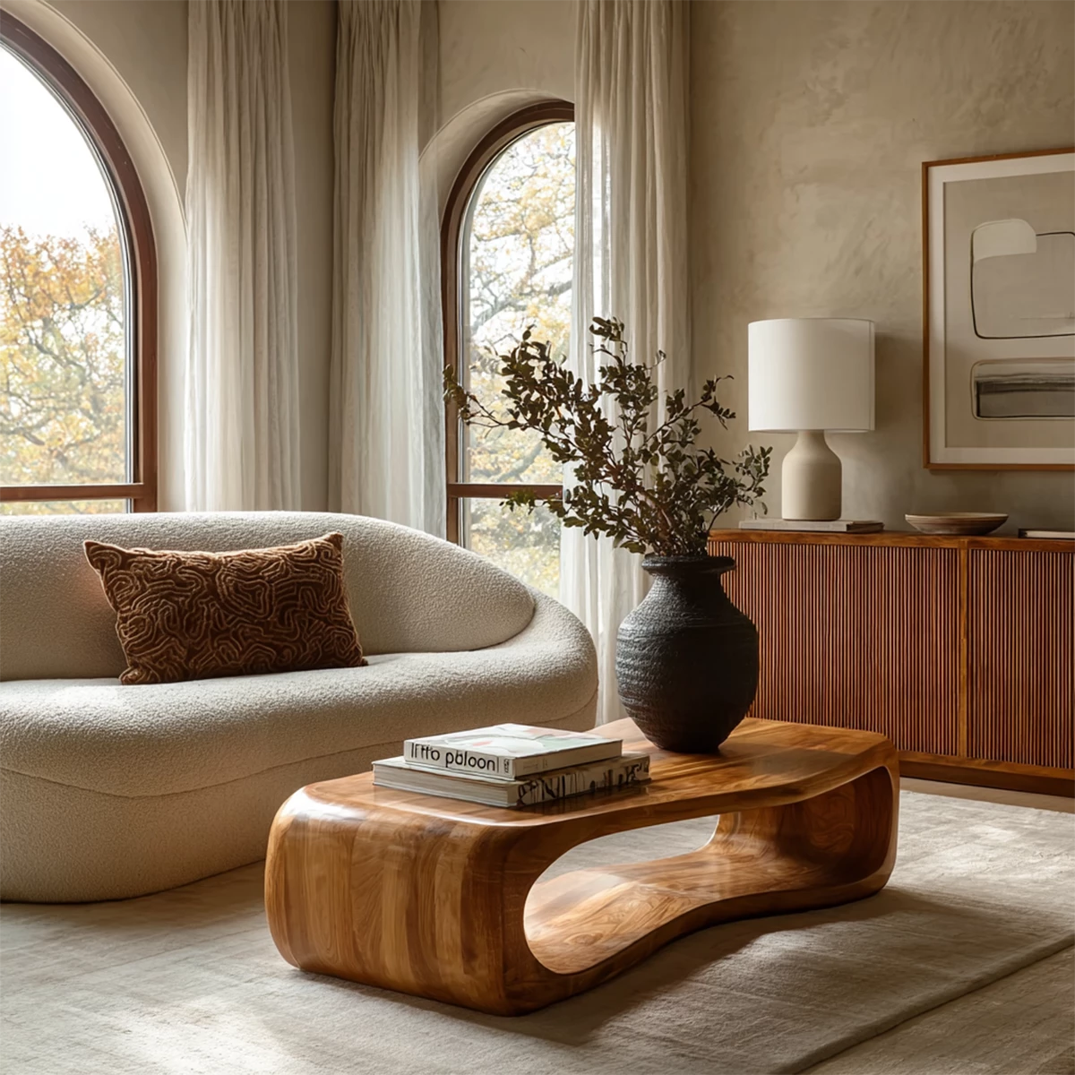 Sculptural Solid Wood Coffee Table With Rounded Waterfall Base And Open Center For Modern Living Room - Livewoodcraft