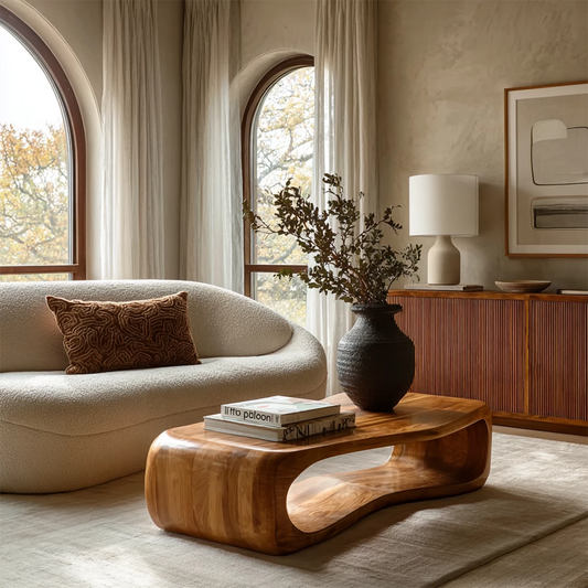 Sculptural Solid Wood Coffee Table With Rounded Waterfall Base And Open Center For Modern Living Room - Livewoodcraft