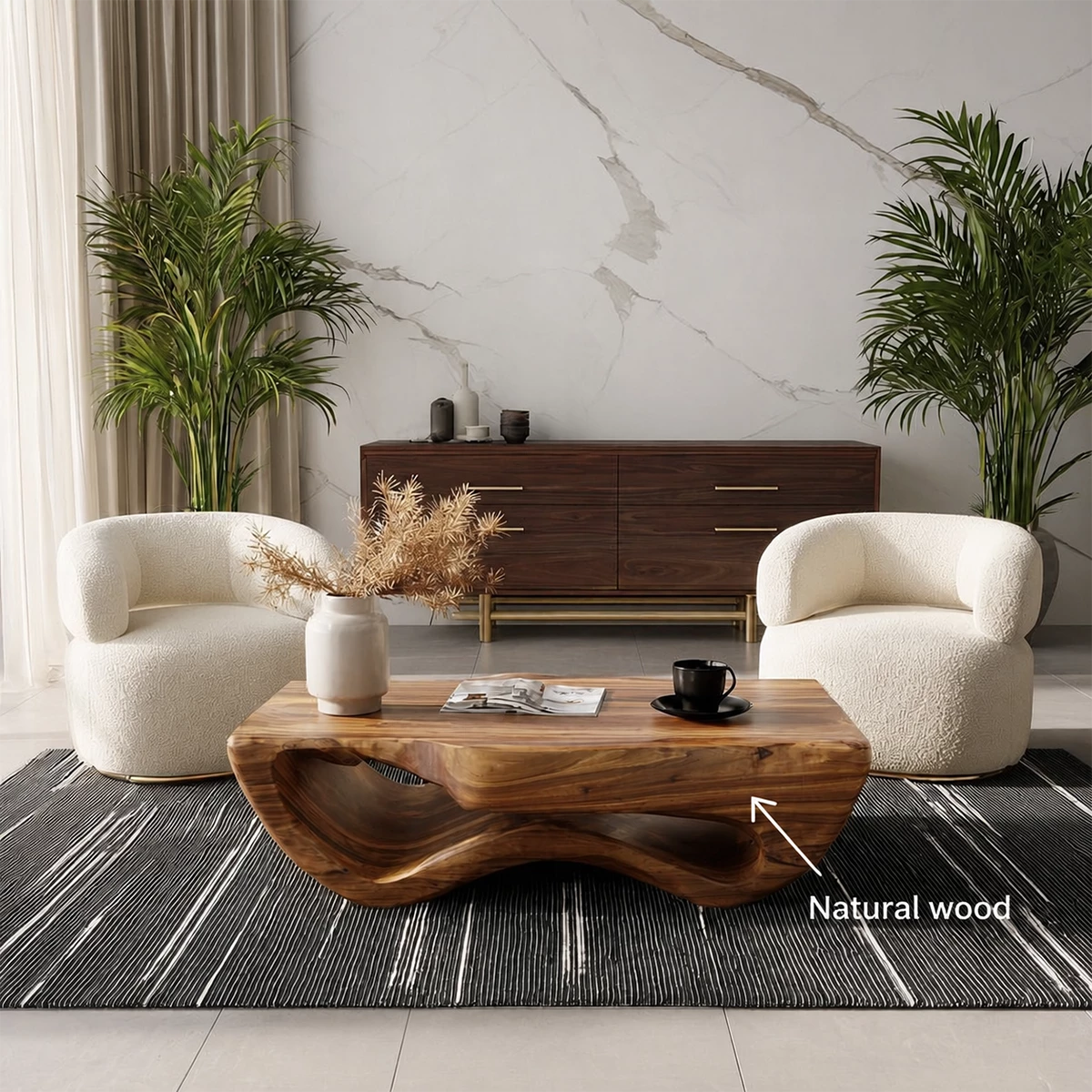 Sculptural Solid Wood Coffee Table With Wave Hollow Base And Natural Wood Grain For Modern Living Room - Livewoodcraft - 10