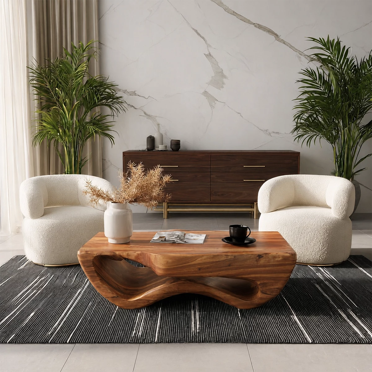 Sculptural Solid Wood Coffee Table With Wave Hollow Base And Natural Wood Grain For Modern Living Room - Livewoodcraft - 2