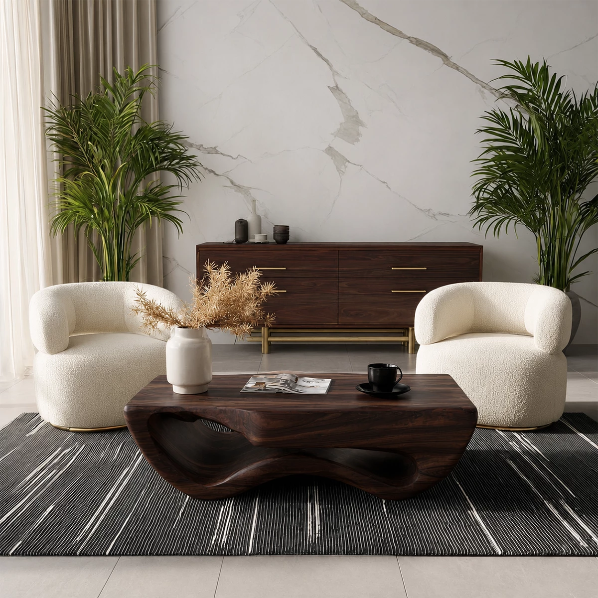 Sculptural Solid Wood Coffee Table With Wave Hollow Base And Natural Wood Grain For Modern Living Room - Livewoodcraft - 3