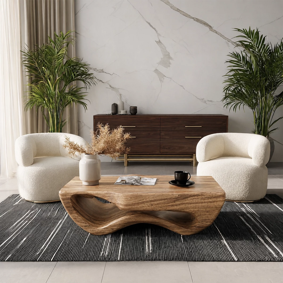 Sculptural Solid Wood Coffee Table With Wave Hollow Base And Natural Wood Grain For Modern Living Room - Livewoodcraft - 5