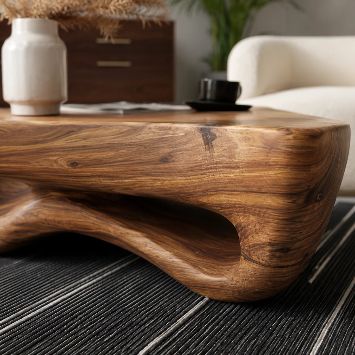 Sculptural Solid Wood Coffee Table With Wave Hollow Base And Natural Wood Grain For Modern Living Room - Livewoodcraft - 6