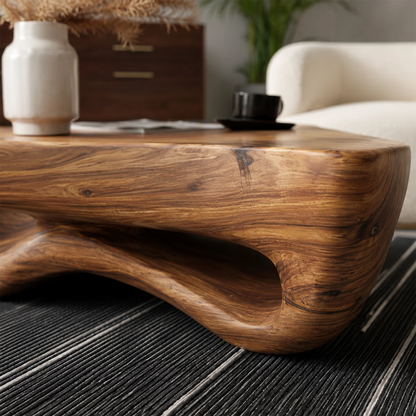 Sculptural Solid Wood Coffee Table With Wave Hollow Base And Natural Wood Grain For Modern Living Room - Livewoodcraft - 6