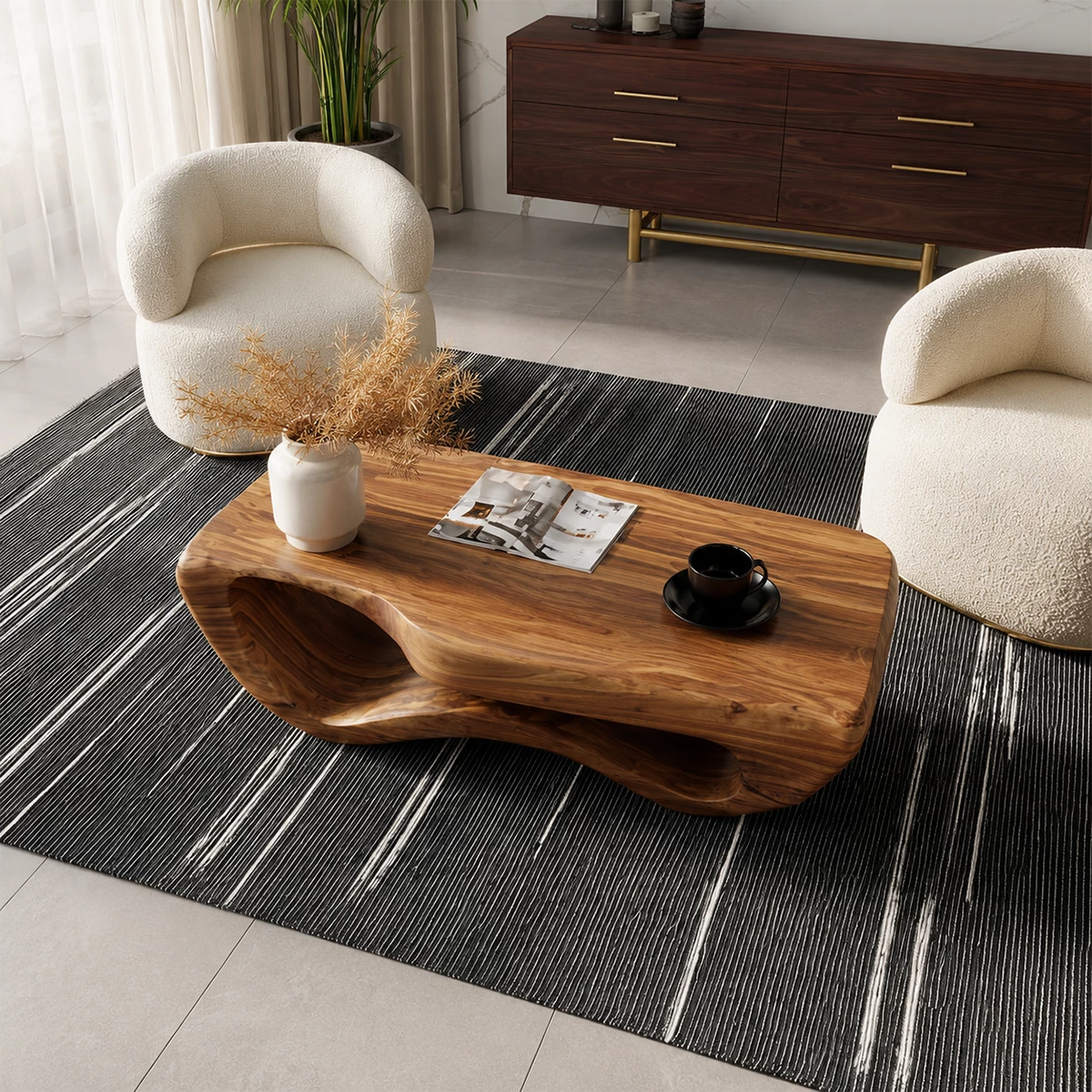 Sculptural Solid Wood Coffee Table With Wave Hollow Base And Natural Wood Grain For Modern Living Room - Livewoodcraft - 7