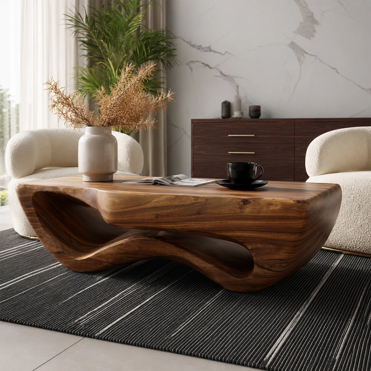 Sculptural Solid Wood Coffee Table With Wave Hollow Base And Natural Wood Grain For Modern Living Room - Livewoodcraft - 8