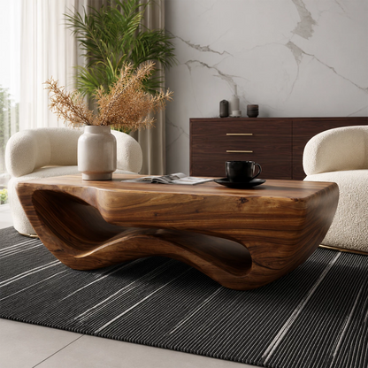 Sculptural Solid Wood Coffee Table With Wave Hollow Base And Natural Wood Grain For Modern Living Room - Livewoodcraft - 8