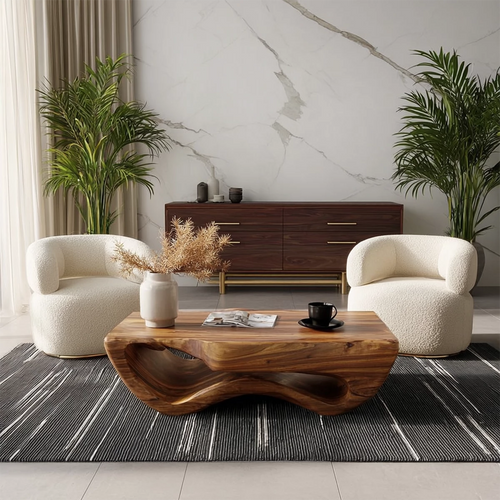 Sculptural Solid Wood Coffee Table With Wave Hollow Base And Natural Wood Grain For Modern Living Room - Livewoodcraft