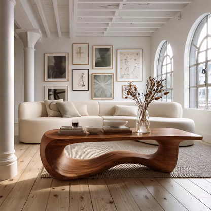 Sculptural Solid Wood Coffee Table With Wave Open Base And Natural Wood Grain For Modern Living Room - Livewoodcraft - 2