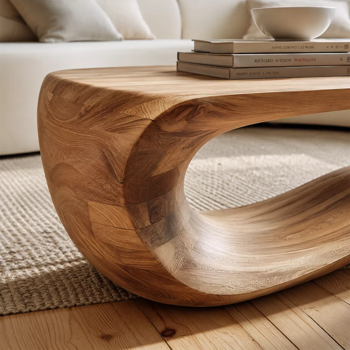 Sculptural Solid Wood Coffee Table With Wave Open Base And Natural Wood Grain For Modern Living Room - Livewoodcraft - 6