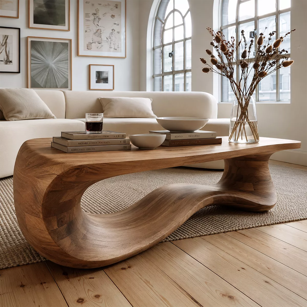 Sculptural Solid Wood Coffee Table With Wave Open Base And Natural Wood Grain For Modern Living Room - Livewoodcraft - 8