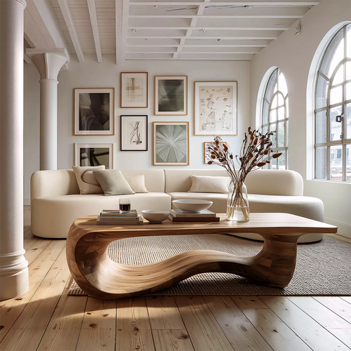 Sculptural Solid Wood Coffee Table With Wave Open Base And Natural Wood Grain For Modern Living Room - Livewoodcraft