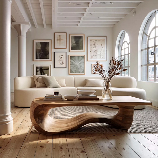 Sculptural Solid Wood Coffee Table With Wave Open Base And Natural Wood Grain For Modern Living Room - Livewoodcraft