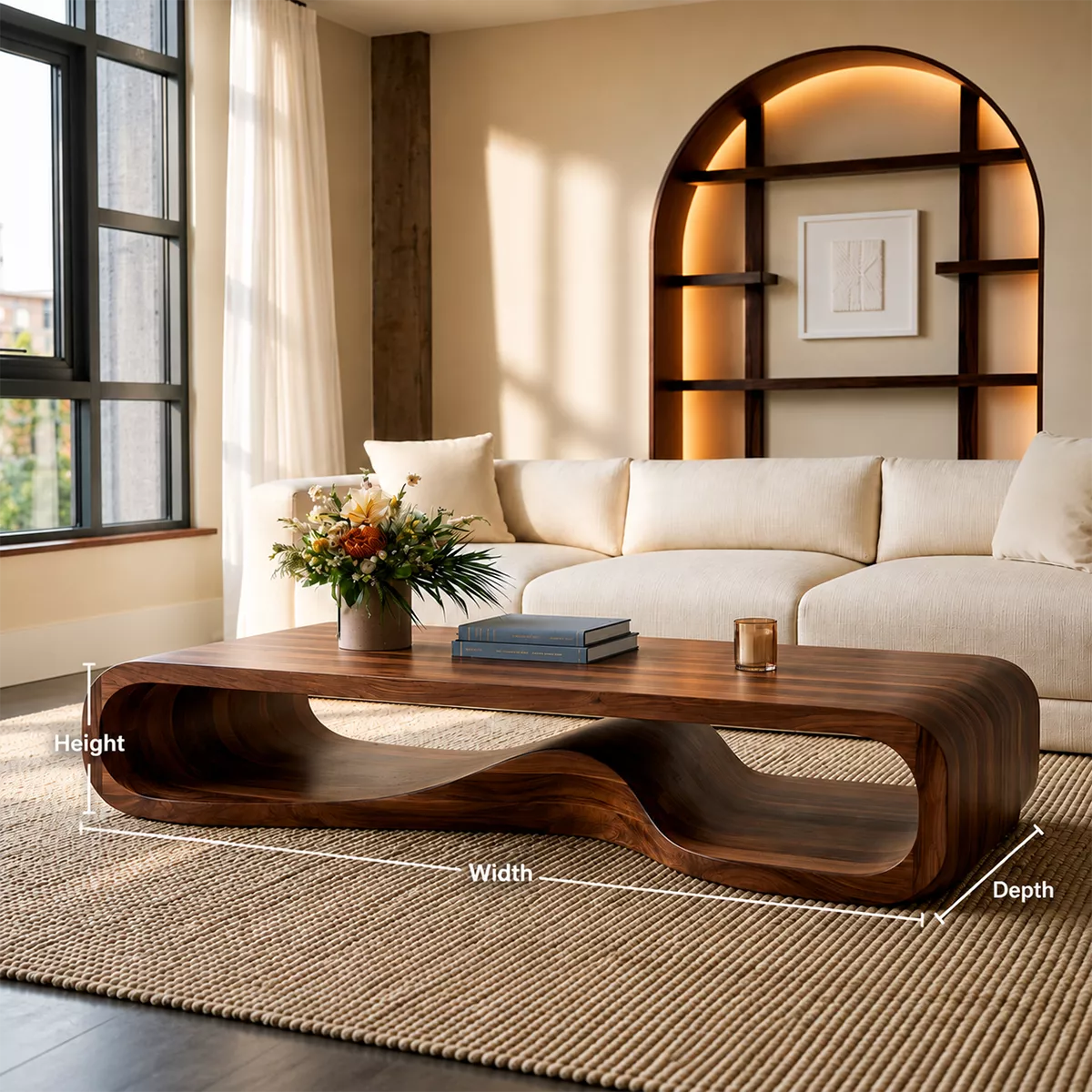 Sculptural Solid Wood Coffee Table With Wave Open Base Rounded Waterfall Sides And Natural Wood Grain For Modern Living Room - Livewoodcraft - 10