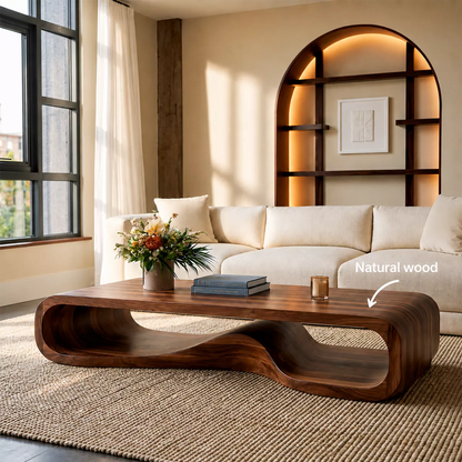 Sculptural Solid Wood Coffee Table With Wave Open Base Rounded Waterfall Sides And Natural Wood Grain For Modern Living Room - Livewoodcraft - 11