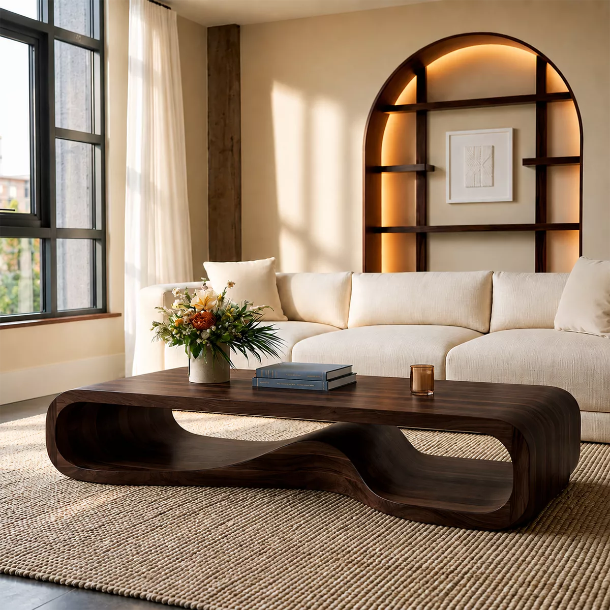 Sculptural Solid Wood Coffee Table With Wave Open Base Rounded Waterfall Sides And Natural Wood Grain For Modern Living Room - Livewoodcraft - 2