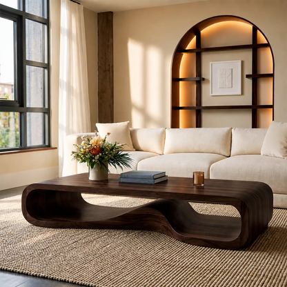 Sculptural Solid Wood Coffee Table With Wave Open Base Rounded Waterfall Sides And Natural Wood Grain For Modern Living Room - Livewoodcraft - 2