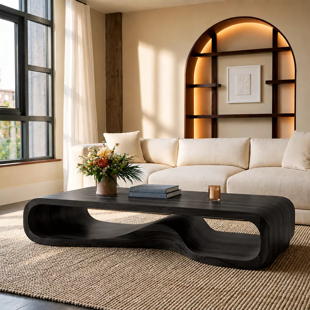Sculptural Solid Wood Coffee Table With Wave Open Base Rounded Waterfall Sides And Natural Wood Grain For Modern Living Room - Livewoodcraft - 3