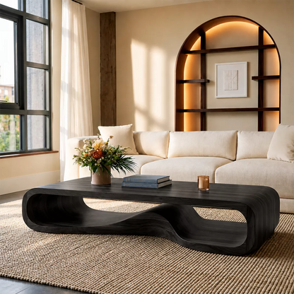Sculptural Solid Wood Coffee Table With Wave Open Base Rounded Waterfall Sides And Natural Wood Grain For Modern Living Room - Livewoodcraft - 3