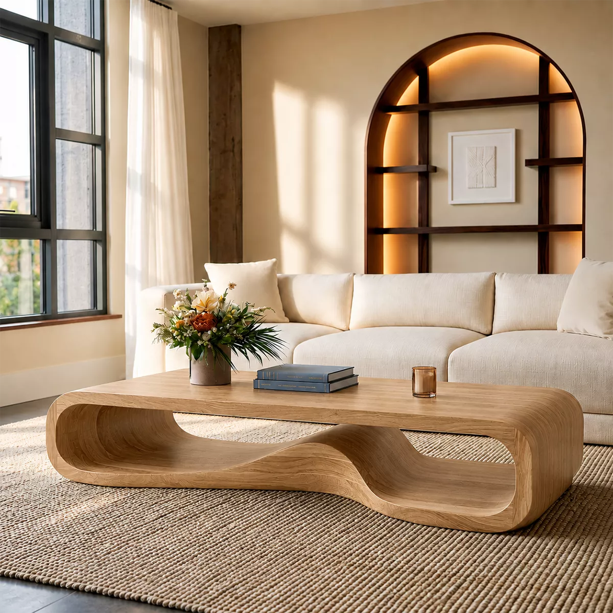 Sculptural Solid Wood Coffee Table With Wave Open Base Rounded Waterfall Sides And Natural Wood Grain For Modern Living Room - Livewoodcraft - 4