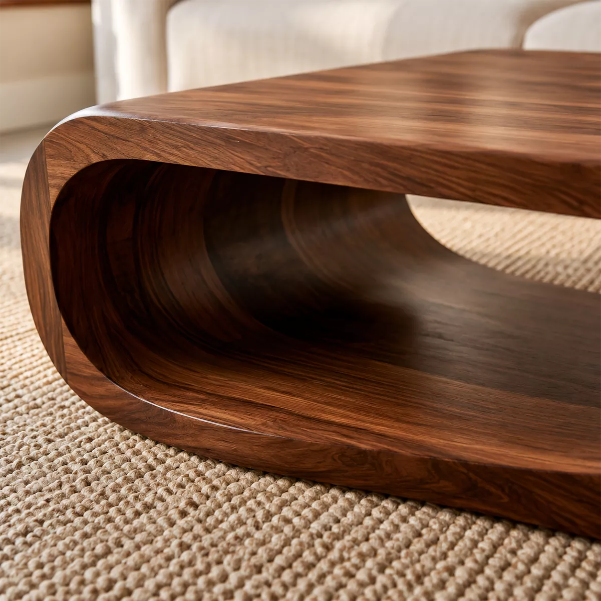 Sculptural Solid Wood Coffee Table With Wave Open Base Rounded Waterfall Sides And Natural Wood Grain For Modern Living Room - Livewoodcraft - 6